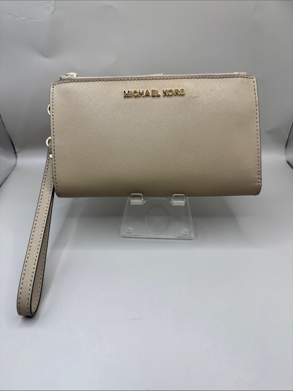 Michael Kors Double Zip Beige Saffiano Leather Phone Wristlet